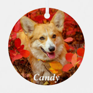 Ornement En Métal Pembroke Welsh Corgi Chien chiot en Feuille rouge