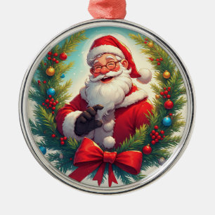Ornement En Métal Père Noël festif dans une couronne de Noël
