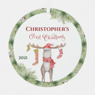 Ornement En Métal Personnalisé Cute Moose Babys First Christmas Cer