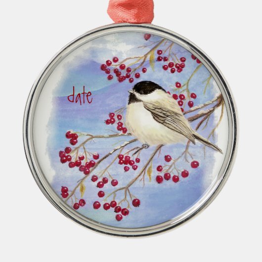 Ornement En Métal Personnalisé Date de Noël Chickadee Bird & Berries (Devant)