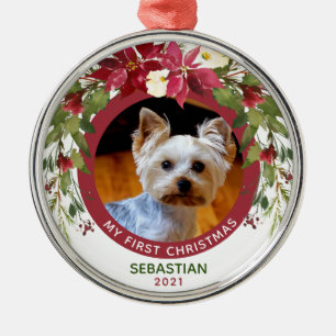 Ornement En Métal Photo Animal Premier chien de Noël Poinsettia Wre
