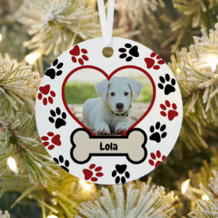 Ornement En Métal Photo de chien mignon avec motif de coeur rouge et