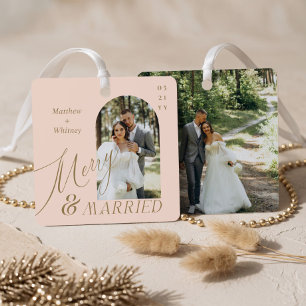 Ornement En Métal Photo de mariage moderne avec écriture Joyeux & Ma