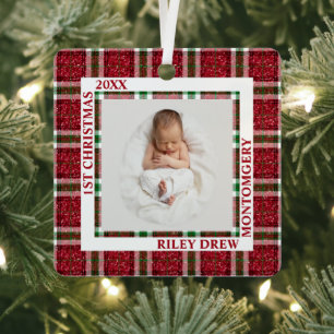 Ornement En Métal Photo de Noël de bébé en Vichy