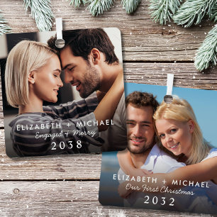 Ornement En Métal Photo de Noël de jeunes fiancés d'hier et d'aujour