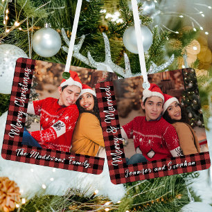 Ornement En Métal Photo de Noël « Merry & Married » à carreaux rouge