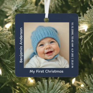 Ornement En Métal Photo de Noël pour bébé avec statistiques de naiss
