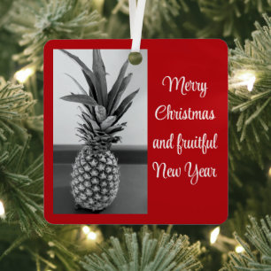 Ornement En Métal Photo en noir et blanc de l'Ananas Noël Rouge