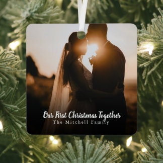 Ornement En Métal Photo personnalisée Couples de texte premier Noël 