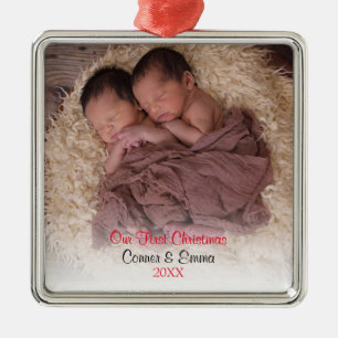 Ornement En Métal Photo Twins Red Babys First Christmas