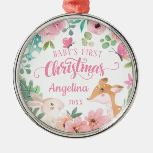 Ornement En Métal Pink Blush Floral Woodland Baby's 1st Christmas