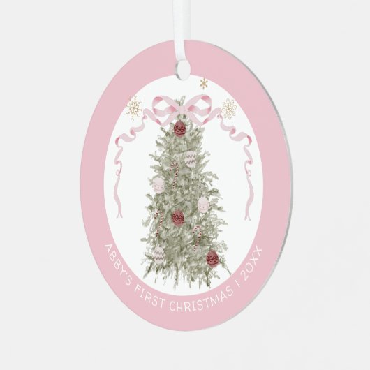 Ornement En Métal Pink Girl Baby First Christmas Photo (Avant gauche)