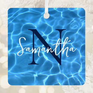 Ornement En Métal Piscine Bleu Aqua Photo Monogrammé