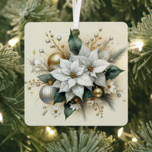 Ornement En Métal Poinsettia blanc de Noël élégant avec de l'or