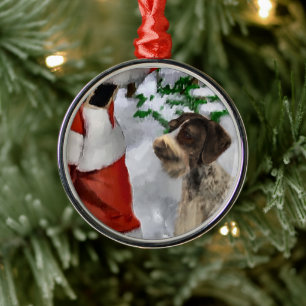 Ornement En Métal Pointeur À poils durs allemand avec Père Noël Chri
