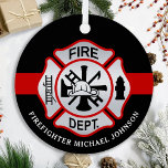 Ornement En Métal Pompier Maltais Croix Fireman personnalisé<br><div class="desc">Personnalized Thin Line Maltese Cross Firefighter Ornament - moderne black red and silver design . Personalize with fire departments, firefighter name, or your text. This personalized firefighter ornament is perfect for fire departments, fire service, or as memorial keepsake, christmas toxits or stocking stuffers. Order these firefighter ornaments bulk wholesale for...</div>