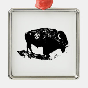 Ornement En Métal Pop Art Black White Buffalo Bison Silhouette