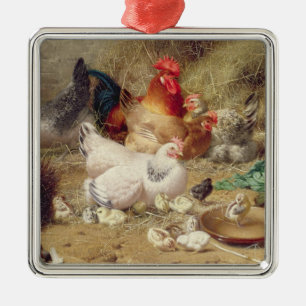 Ornement En Métal Poules roosting avec leurs poulets