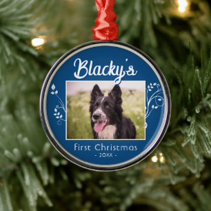 Ornement En Métal Premier Noël Fête de chien Photo Feuillage Bleu