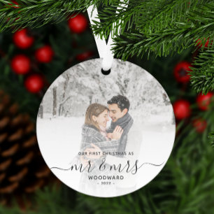 Ornement En Métal Premier Noël Marié Photo Personnalisée Gris Script