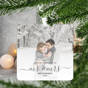 Ornement En Métal Premier Noël Marié Photo Personnalisée Gris Script
