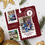Ornement En Métal Premier Noël Nouveau Accueil Amusants Postage Timb<br><div class="desc">Amusant et mémorable "Premier Noël dans notre nouvelle maison" garde l'ornement métallique. Design présente nos timbres-poste amusants photo collage design. Collage avec 3 photos pour afficher vos photos spéciales de votre famille et de votre nouvelle maison. Texte personnalisable avec signature familiale, année, adresse et monogramme. Ce ornement ferait un grand...</div>