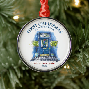Ornement En Métal Premier Noël Nouveau Accueil Porte Bleue Hiver Chi