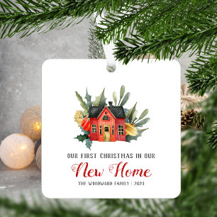 Ornement En Métal Premier Noël Nouvelle Maison Aquarelle Maison Roug
