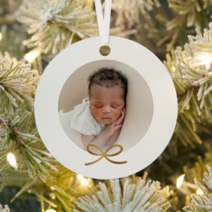 Ornement En Métal Première photo minimale de Noël de bébé Bow or
