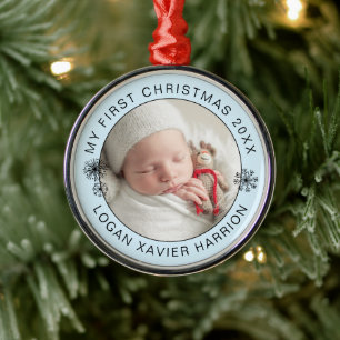 Ornement En Métal Première photo souvenir de Noël de bébé