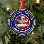 Ornement En Métal Proud Army Veteran Aviation Christmas<br><div class="desc">Specially designed Commemorative “Proud Army Veteran Aviation American Soldier” Design commemorating the tremendous accomplishments of our Brave Men and Women who have served in in Army Aviation! This beautifully designed Commemorative “Proud Army Veteran – American Soldier” Design makes a wonderful gift for your Special Soldier, Family Member or Friend. Let...</div>