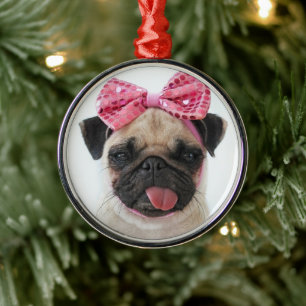 Ornement En Métal Pug with Pink Bow