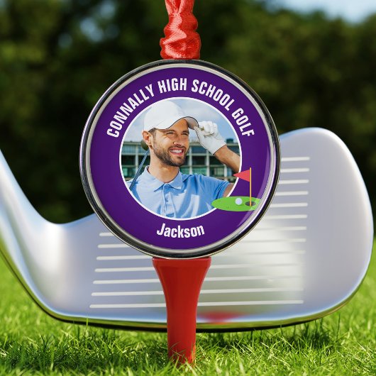 Ornement En Métal Purple Golfer Photo Custom Golf Team Christmas