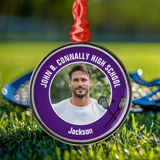 Ornement En Métal Purple Lacrosse Player Photo High School Christmas