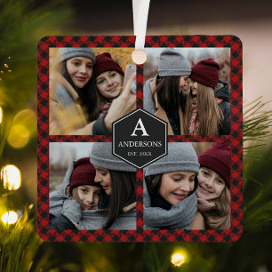 Ornement En Métal Red Buffalo Plaid Lumberjack Family Photo Collage