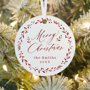 Ornement En Métal Red Modern script Merry Christmas Holiday