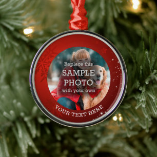 Ornement En Métal Red Snowflake Étoiles blanches Photo Texte personn