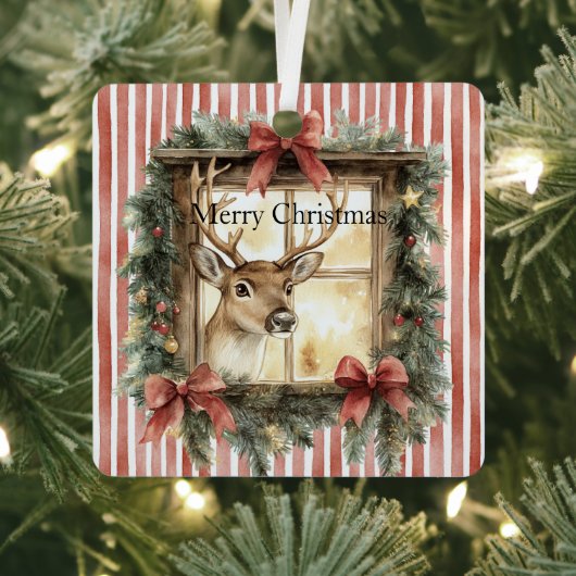 Ornement En Métal Red Stripes Bows Christmas Deer in Window (Insitu)