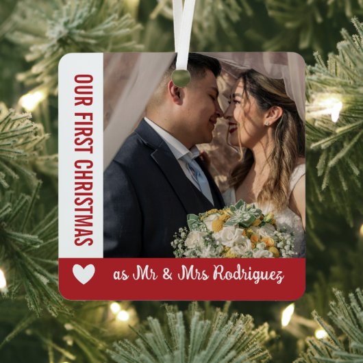 Ornement En Métal Red White Heart 1er Noël Mr & Mrs Photo (Insitu)