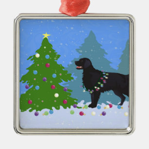 Ornement En Métal Retriever à revêtement plat noir - Forêt de Noël