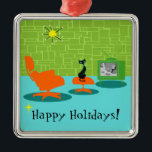 Ornement En Métal Retro Space Age Kitty Christmas Ornament<br><div class="desc">It is said that dogs have owners and cats have staff. The feline on this Customizable Retro Space Age Kitty Christmas Ornament couldn't agree more! The 1960's style, minimalist art design features a sleek, black cat in a mid century modern living room. The sophisticated room prominently features a green, stone...</div>