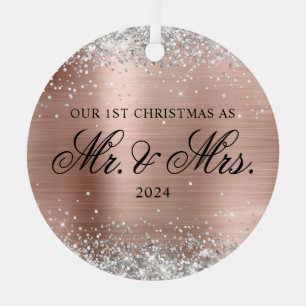 Ornement En Métal Rose Gold Pailleté Argenté 1er Noël Photo