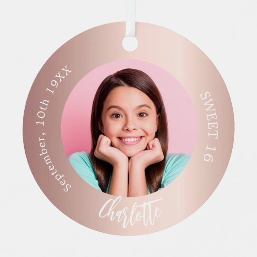 Ornement En Métal Rose or blush photo personnalisée Sweet 16 (Recto)