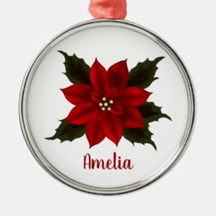 Ornement En Métal Rouge Poinsettia Noël Personnalisé