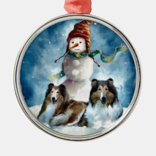 Ornement En Métal Rough Collie avec Snowman Christmas