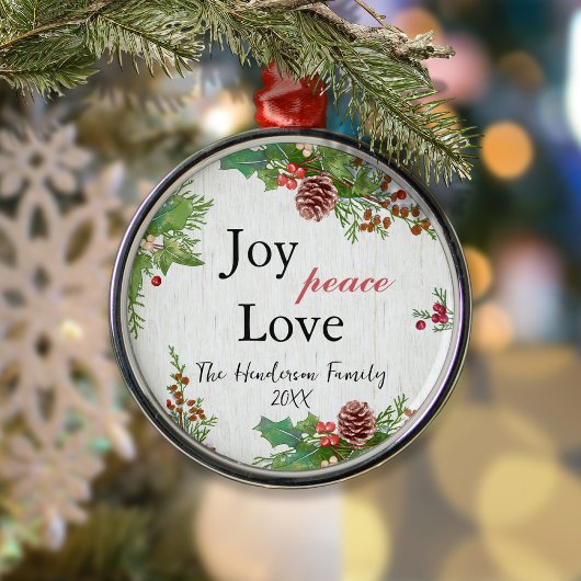 Ornement En Métal Rustic Joy Peace Love Famille de Noël