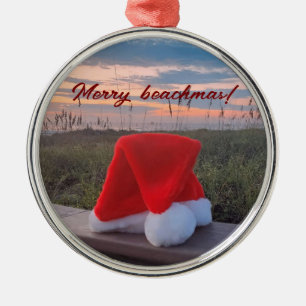 Ornement En Métal Scène de plage avec chapeau de Père Noël et orneme
