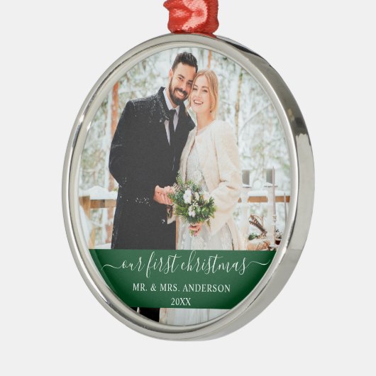 Ornement En Métal Script élégant Notre premier Noël Vert (Gauche)