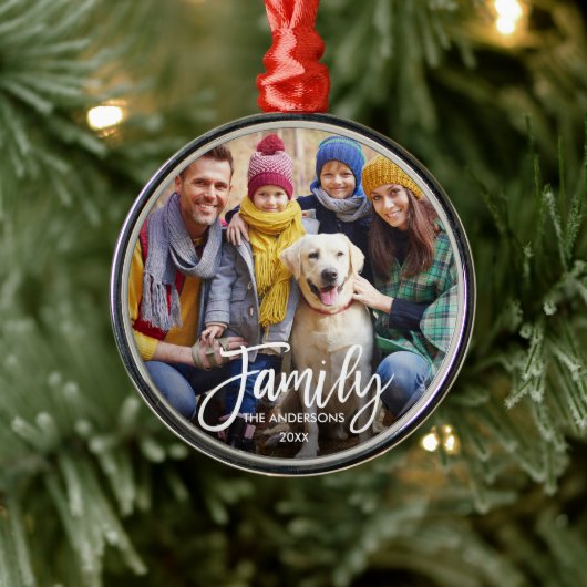 Ornement En Métal Script moderne Brascript Family Photo Round (Arbre)