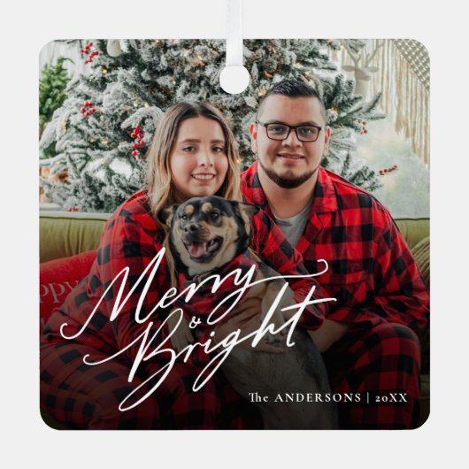 Ornement En Métal Script moderne Joyeuse et brillante photo de Noël (Recto)